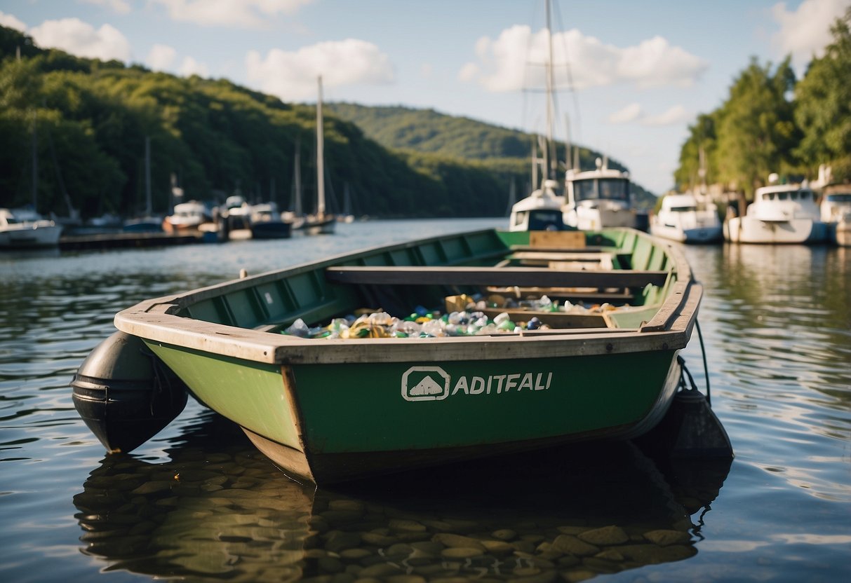 A boat on the water with a visible waste management plan in place, including separate bins for recycling and trash, and signage indicating compliance with legal regulations