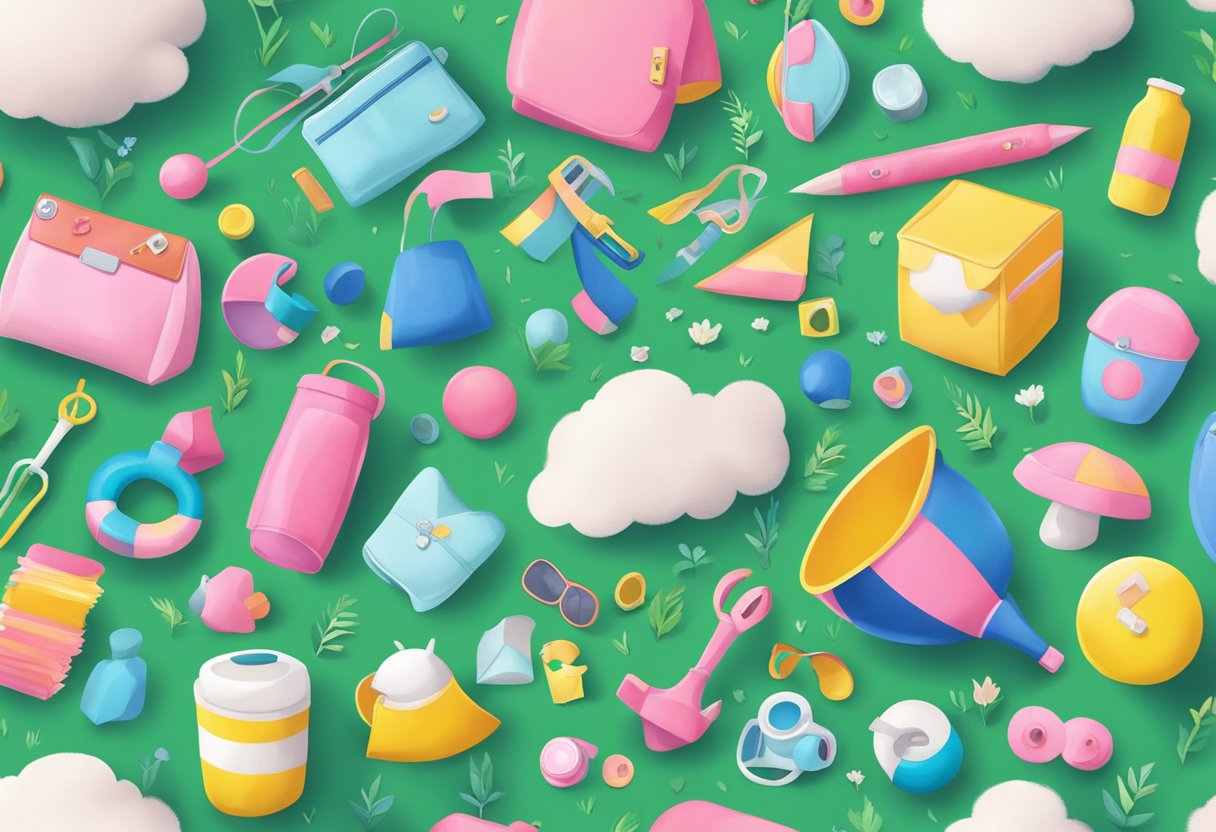 A colorful array of gender-neutral items scattered across a grassy field, with hints of pink and blue hidden among the objects