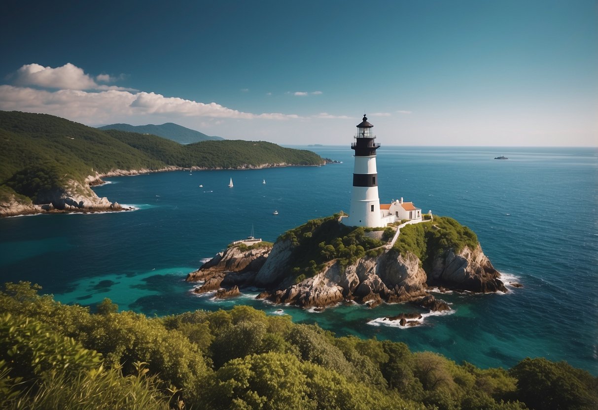 Crystal-clear waters surround lush green islands, with sailboats dotting the horizon. A majestic lighthouse stands on a rocky outcrop, guiding vessels to safety