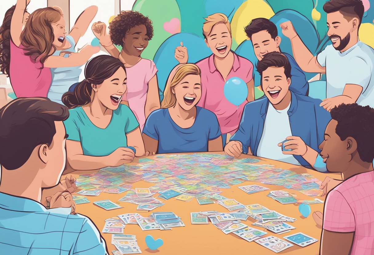 A table covered in colorful scratch-off cards with various gender reveal ideas, surrounded by excited friends and family members