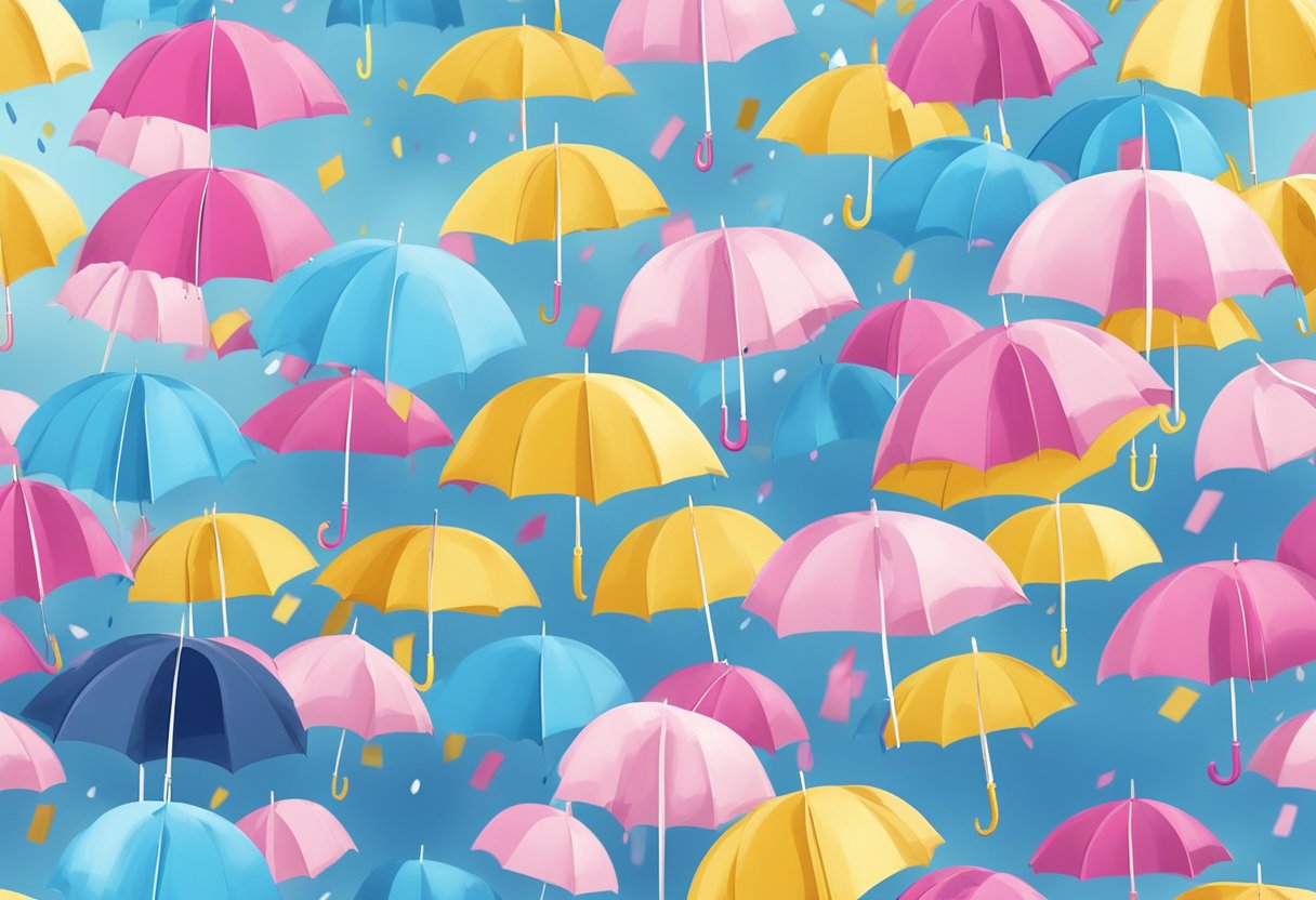 Colorful umbrellas scattered on a sunny day, with pink and blue sprinkles falling from the sky, creating a playful and festive atmosphere for a gender reveal celebration