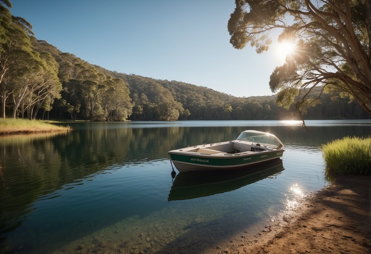 A serene lake surrounded by lush greenery, with a boat docked at the shore. Safety equipment like life jackets and first aid kits are visible on the boat. The Australian flag flutters in the breeze