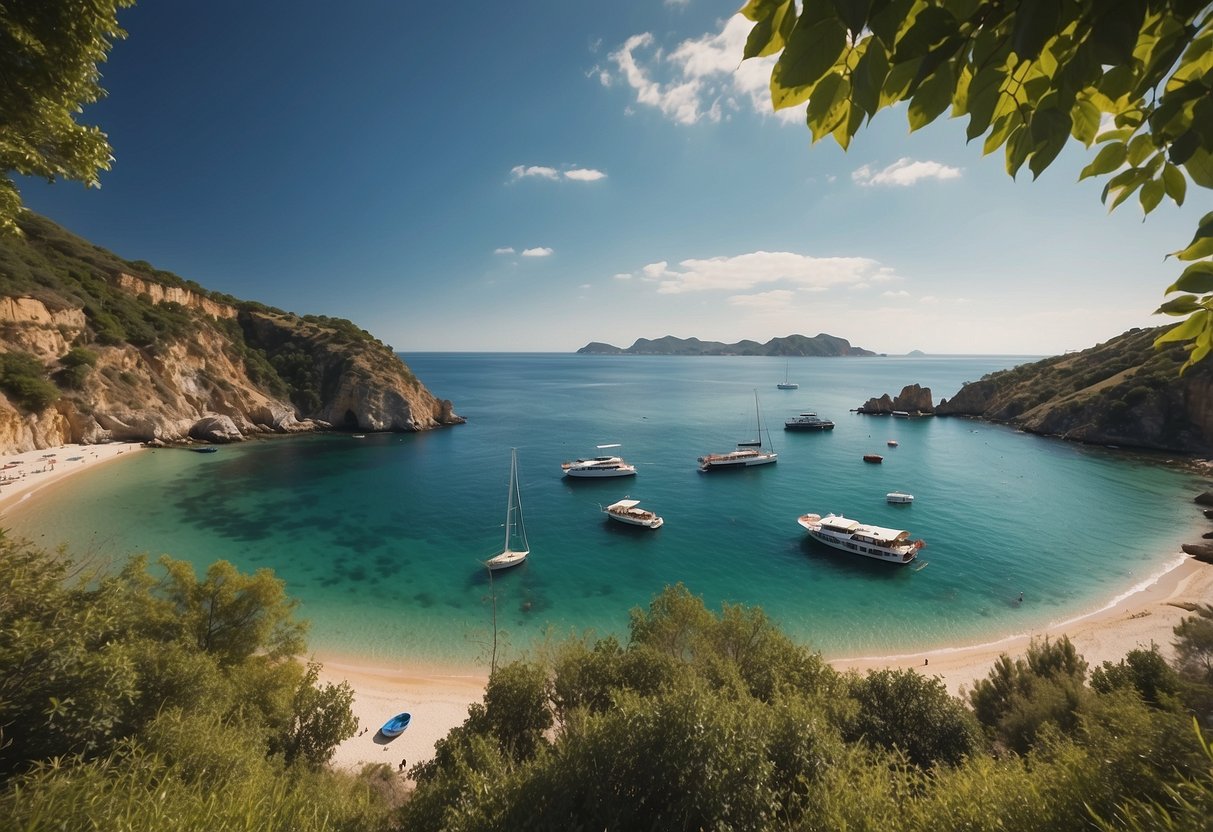 Sunny skies over calm waters, surrounded by lush greenery. Colorful boats dot the horizon, with a backdrop of rugged cliffs and sandy beaches