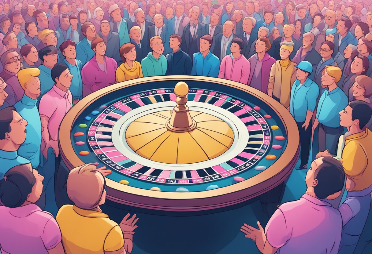 A table with 30 eggs, some dyed pink and some blue, arranged in a roulette wheel pattern. A crowd of excited onlookers, eagerly awaiting the reveal