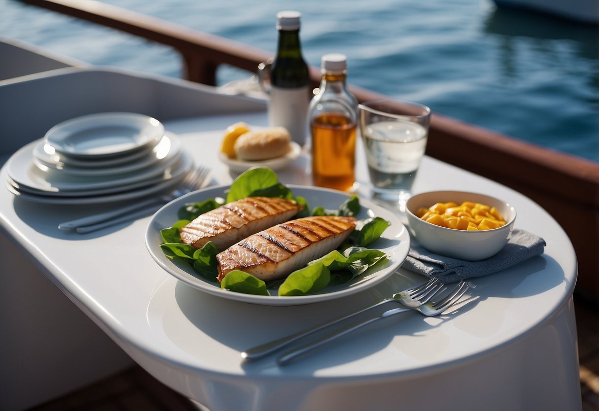 A boat on calm water, with a small table set up on deck. On the table, there are 10 different meals neatly arranged, showcasing a variety of lightweight and nutritious options for boating trips