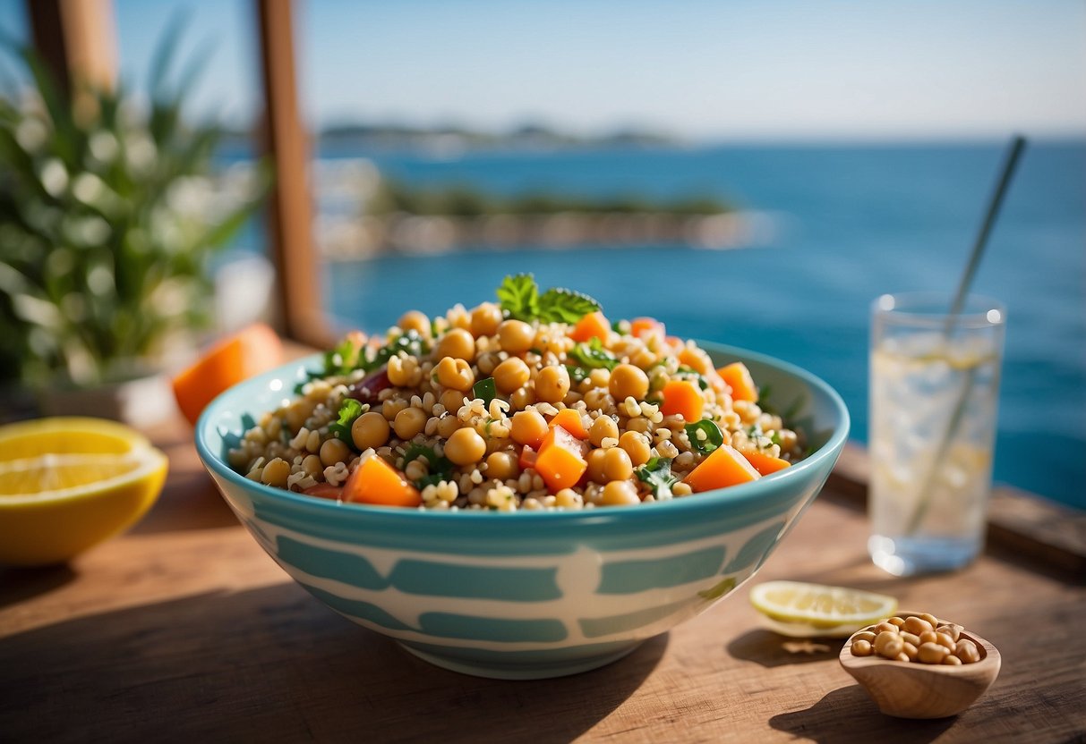 A colorful bowl of quinoa salad with chickpeas, surrounded by nautical-themed decor and a serene water backdrop