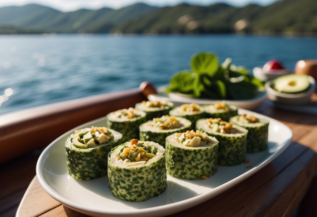 A colorful spread of avocado and turkey spinach rolls on a light, breezy boat deck with a scenic view of the water