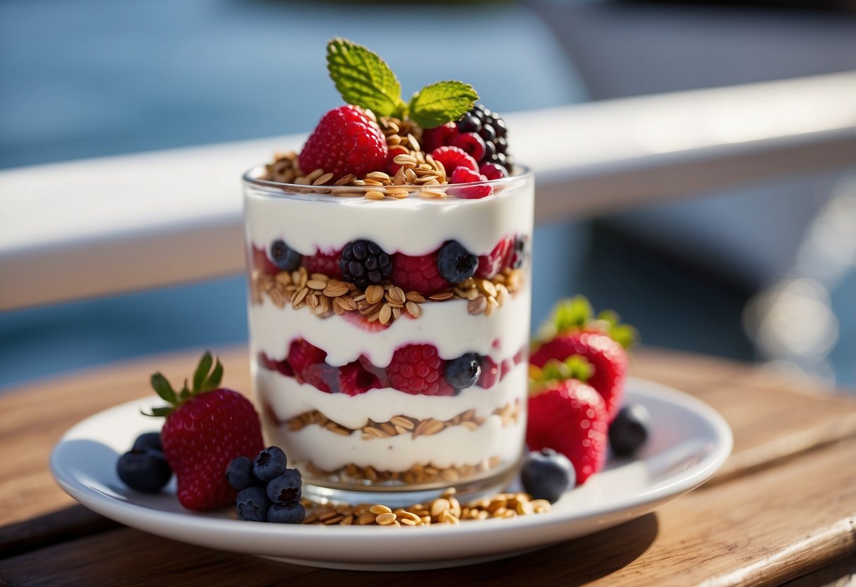 A glass parfait dish filled with layers of Greek yogurt and mixed berries, topped with granola and a drizzle of honey, sits on a nautical-themed placemat on a boat deck