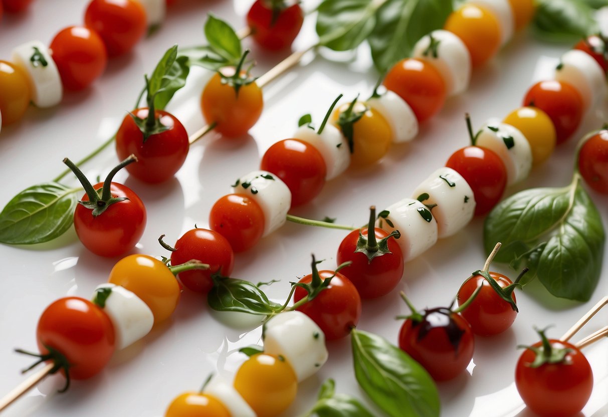 A wooden skewer holds cherry tomatoes, mozzarella, and basil leaves in a repeating pattern. The skewers are arranged on a white plate with a drizzle of balsamic glaze