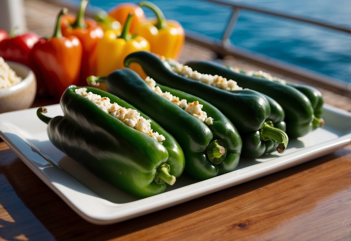 Fresh peppers stuffed with spinach and feta, laid out on a lightweight boat table with a view of the water