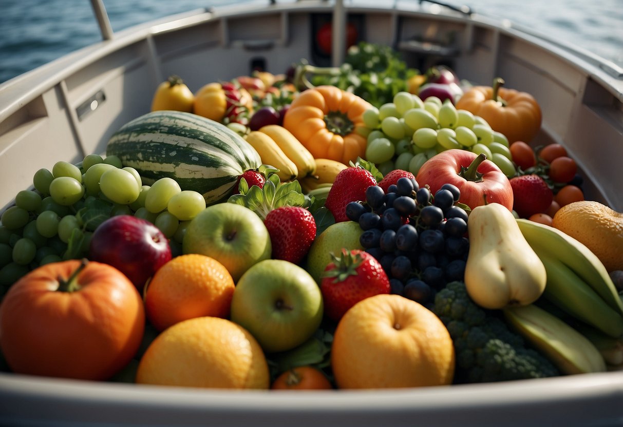 A boat loaded with fresh fruits, vegetables, and lightweight meals. A cooler filled with healthy snacks and a variety of nutrient-packed options