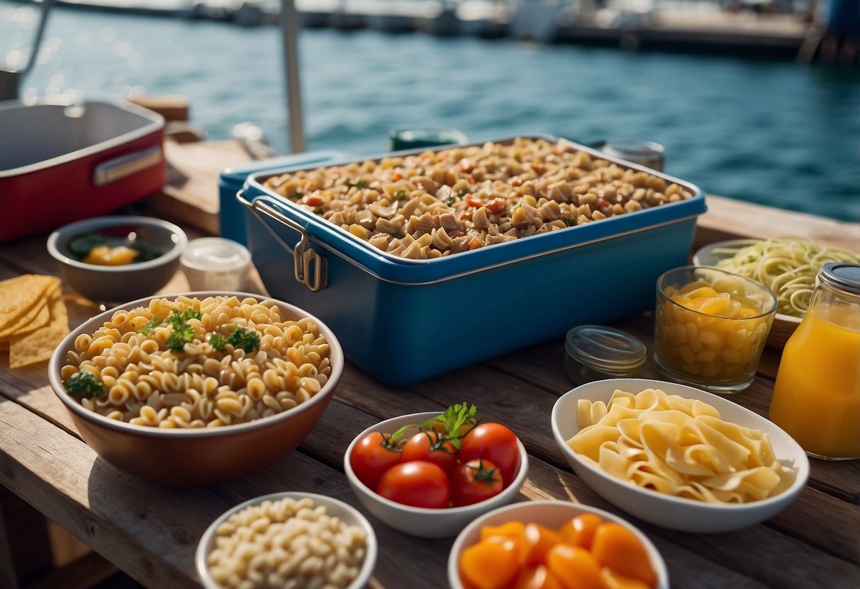 A boat deck with a cooler, portable stove, and food containers. Ingredients like canned tuna, fresh vegetables, and dry pasta are laid out for meal preparation