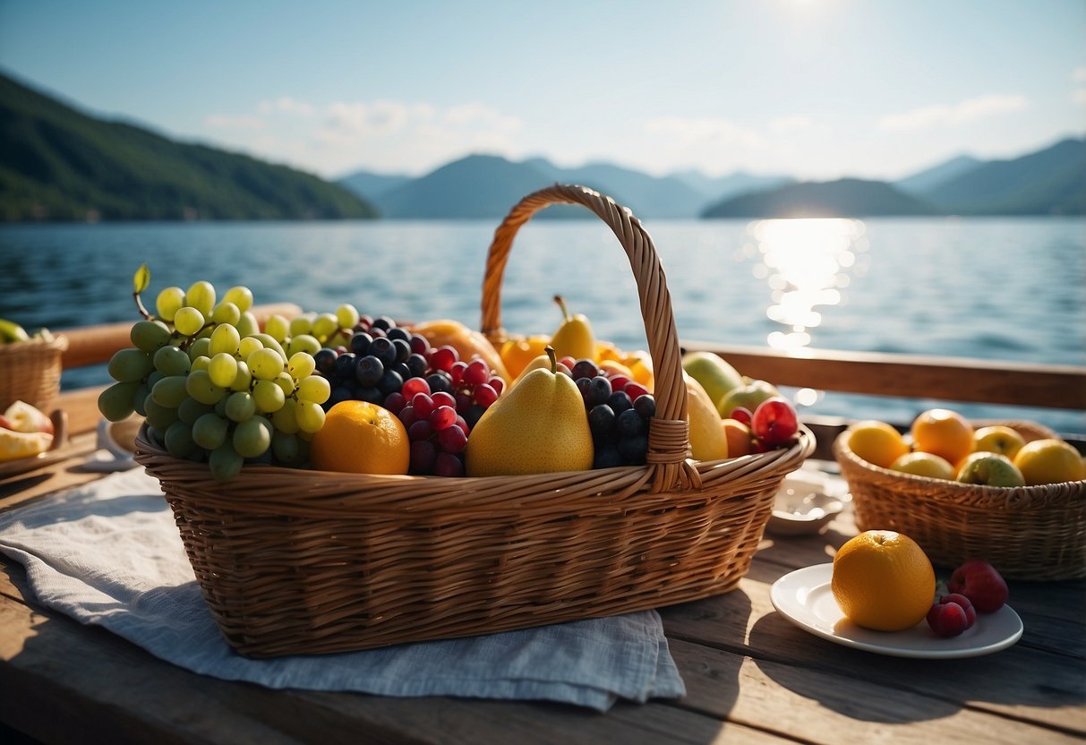 A boat on calm water, with a picnic basket filled with fresh fruits, salads, and sandwiches. The sun is shining, and there are mountains in the distance