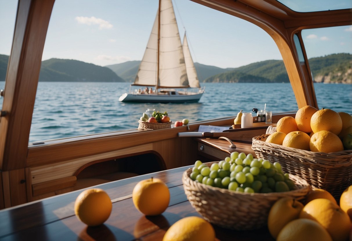 A sailboat glides across calm waters, surrounded by a picturesque coastline. A cooler filled with fresh fruits and water sits on deck, while a person practices yoga on the bow