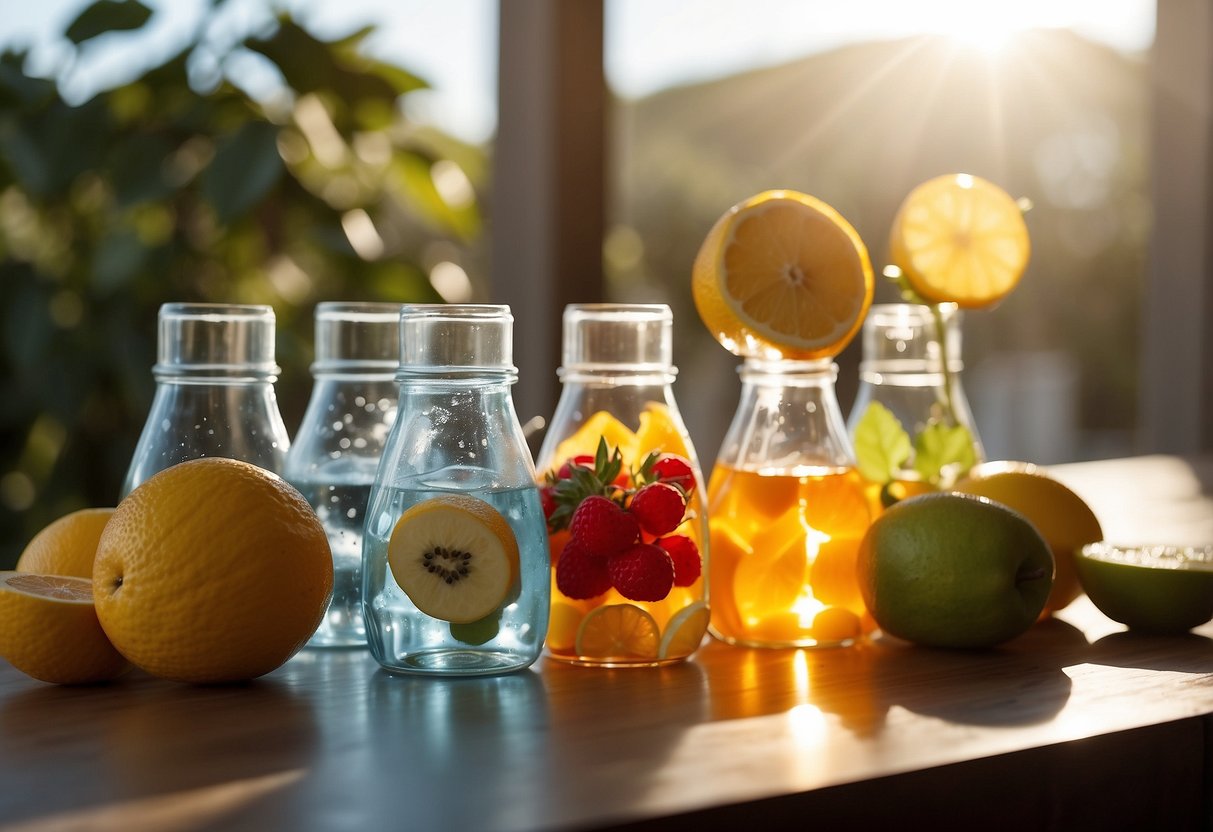 A table with 7 water bottles, fruits, and a yoga mat. Sunlight streams in through a window, casting a warm glow