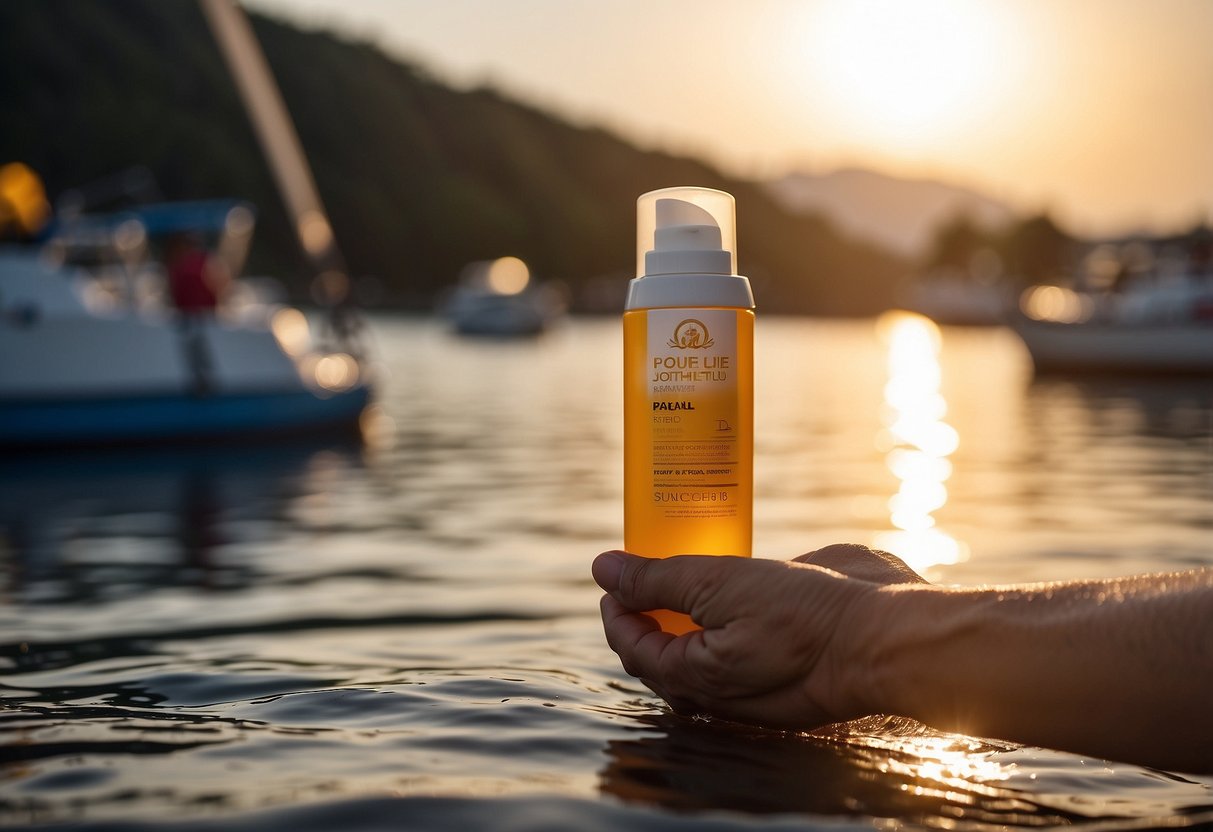 A bottle of waterproof sunscreen being squeezed onto a hand, with a boat and water in the background