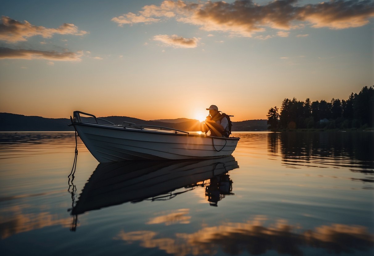 A boat on calm water at dusk, with a person wearing a lightweight headlamp, casting a bright beam towards the shore