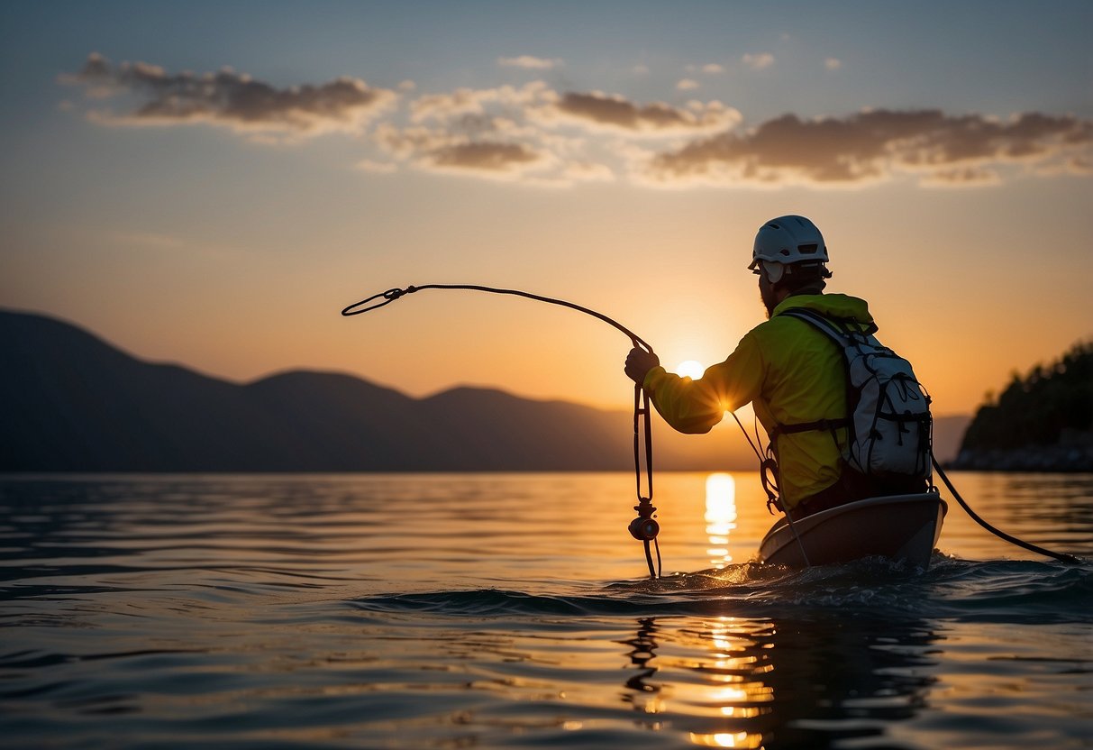 A boat on calm water at dusk, with a person using a Petzl ACTIK CORE headlamp to navigate. The light illuminates the surroundings, casting a warm glow on the boat and water