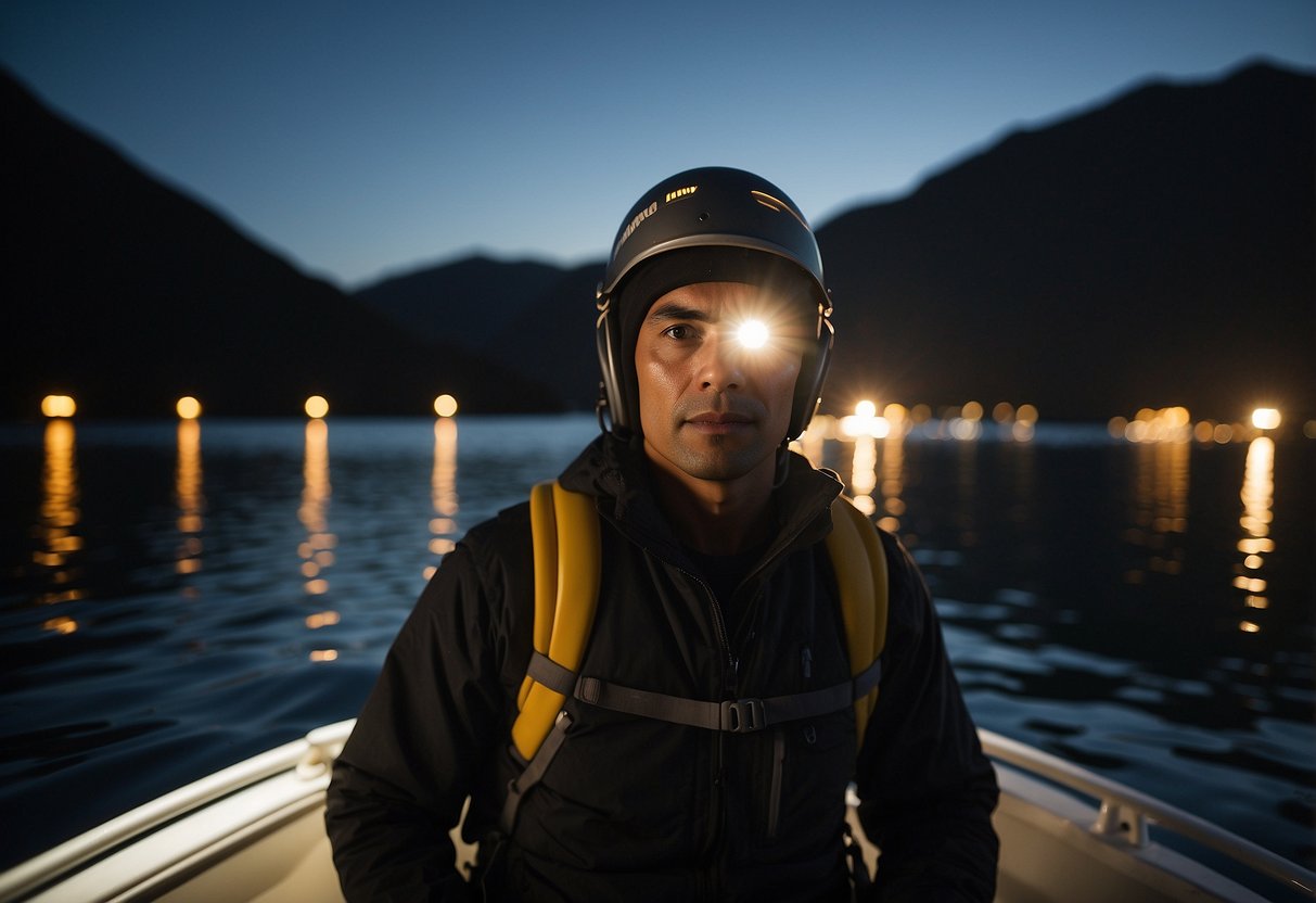 A person wearing a Black Diamond Spot 400 headlamp while boating at night. The light from the headlamp illuminates the surrounding area, creating a sense of adventure and exploration