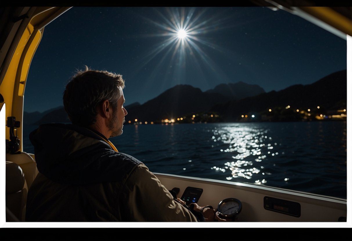 A person wearing a Fenix HL60R headlamp while boating at night, with the light casting a bright beam over the water