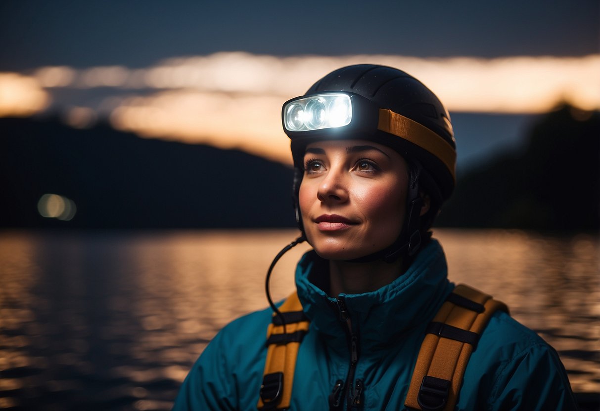 A person wearing a lightweight headlamp while boating at night. The headlamp is illuminating the surroundings, with water and a boat visible in the background