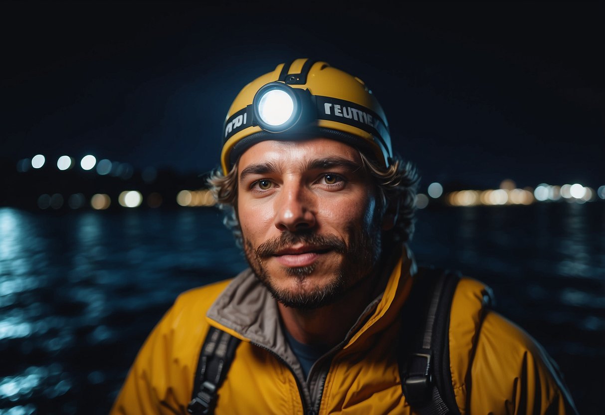 A person wearing a lightweight headlamp while boating at night, with the Coast FL75 model prominently displayed