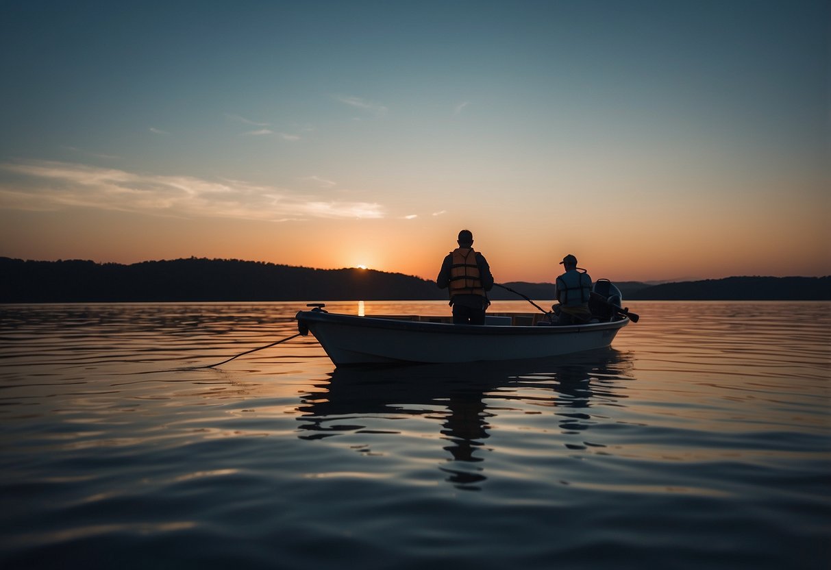 A boat on calm water at dusk, with a person using a lightweight headlamp to navigate. The lamp should be clearly visible and illuminating the surroundings