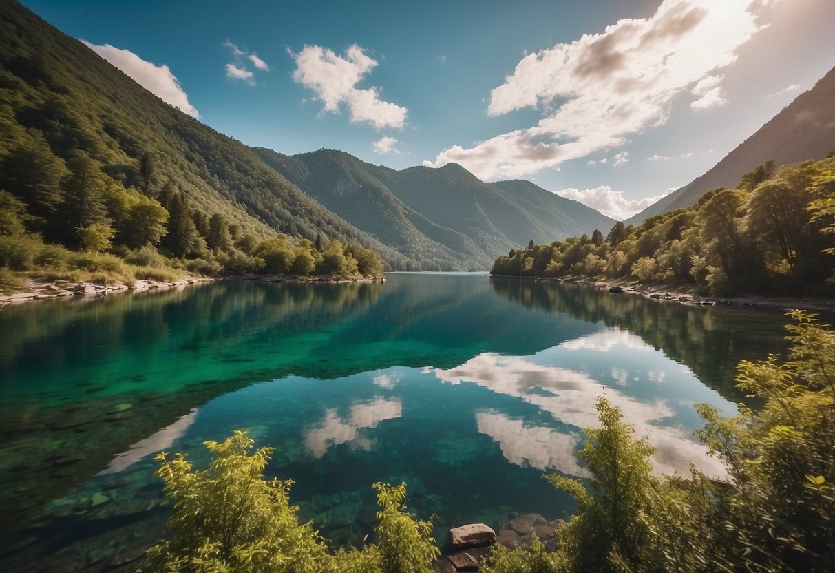 Crystal clear waters reflect the vibrant colors of the surrounding landscape. A variety of boats dot the serene surface, surrounded by lush greenery and wildlife