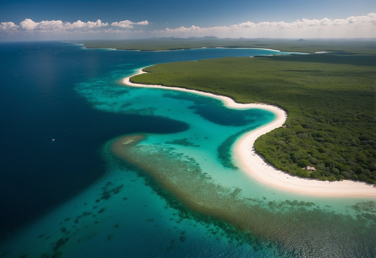 Azure waters surround lush green islands in the Mozambique Archipelago, a top boating destination in Africa