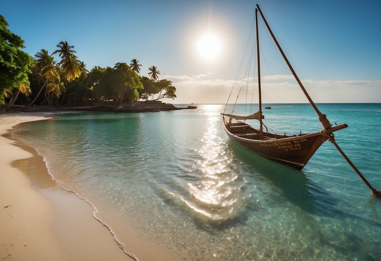 A serene bay in Zanzibar, Tanzania with crystal clear waters and a traditional dhow boat sailing peacefully under the warm African sun