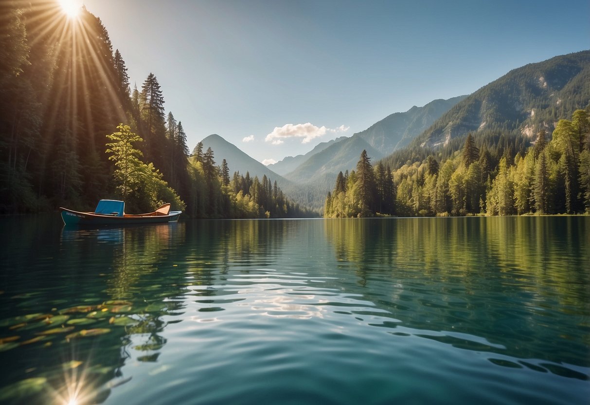 A serene lake surrounded by lush greenery, with a colorful boat gliding across the water. The sun is shining, and there are mountains in the distance