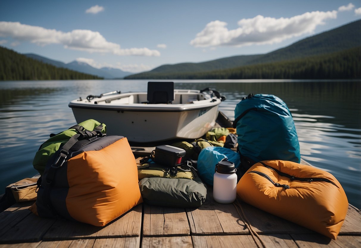 A boat loaded with gear, including a tent, sleeping bag, and cooking equipment, sits on a dock. A person is packing lightweight, compact items into a dry bag