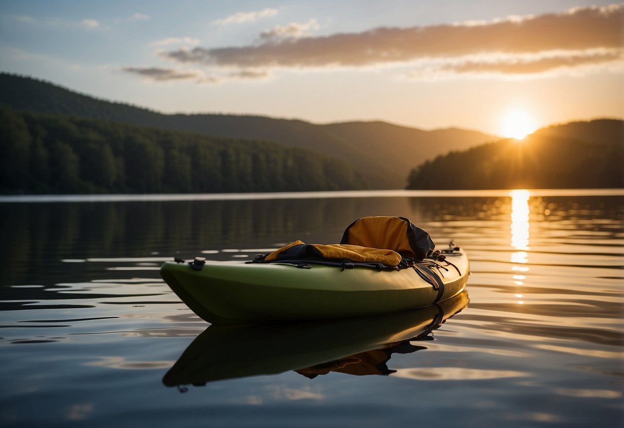 A compact sleeping bag rests on a kayak, surrounded by lightweight gear. The sun sets over calm waters, creating a tranquil scene for boating