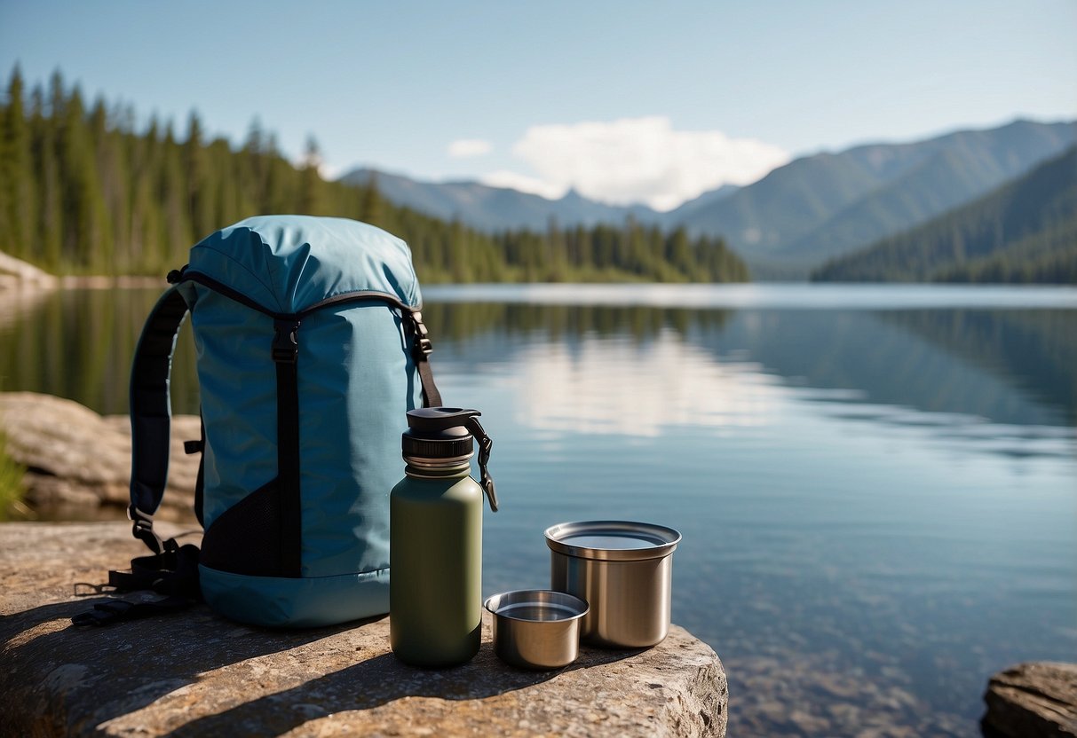 A collapsible water bottle sits next to a compact stove and lightweight cookware, all neatly packed into a small backpack. The scene is set against a backdrop of a serene lake with a boat docked nearby