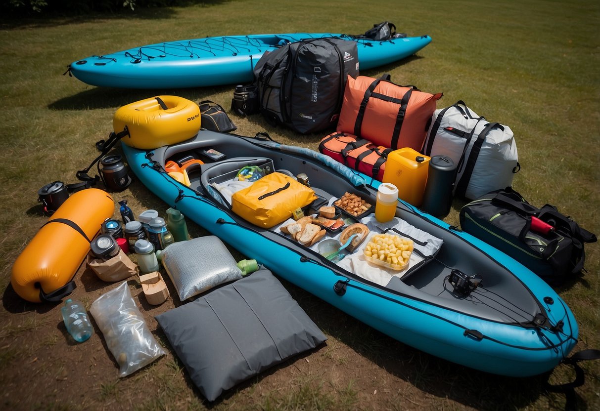 An inflatable kayak packed with lightweight gear, surrounded by compact camping supplies and a minimal amount of food and water