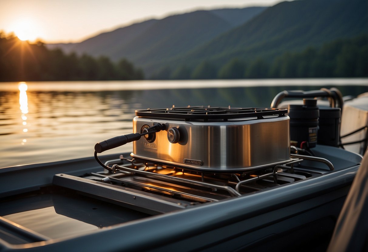 A compact cooking stove sits on a lightweight boat, surrounded by minimal gear. The sun sets over a calm lake, highlighting the efficient setup for boating trips