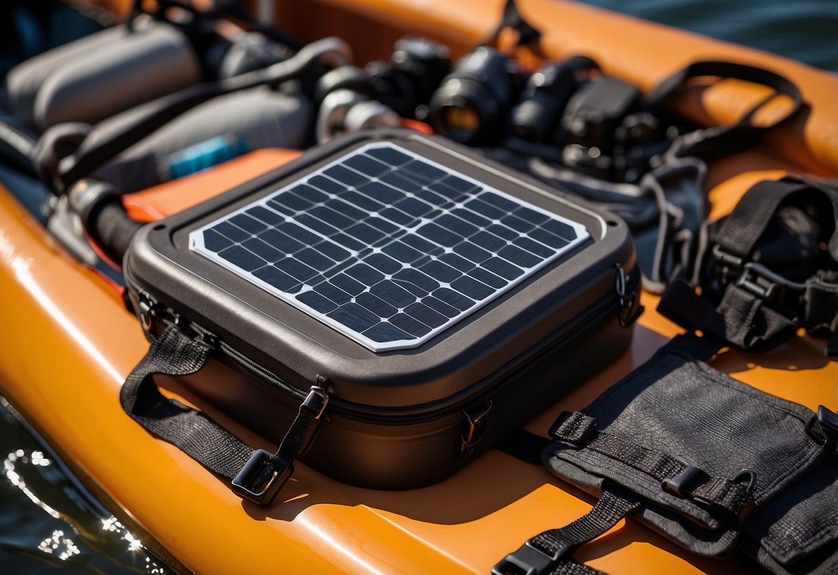 A solar-powered charger sits on a lightweight boating pack. The pack is filled with essential gear for a trip