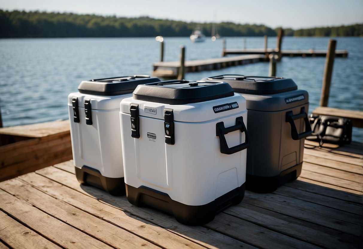 A group of five top-rated boating coolers lined up on a dock, surrounded by fishing gear and a scenic view of the water