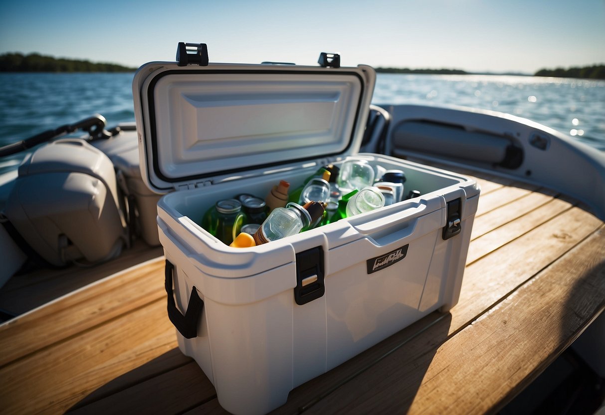 A sleek, durable cooler sits on a boat deck, surrounded by fishing gear and drinks. The sun shines on the water in the background, highlighting the cooler's portability and storage capabilities