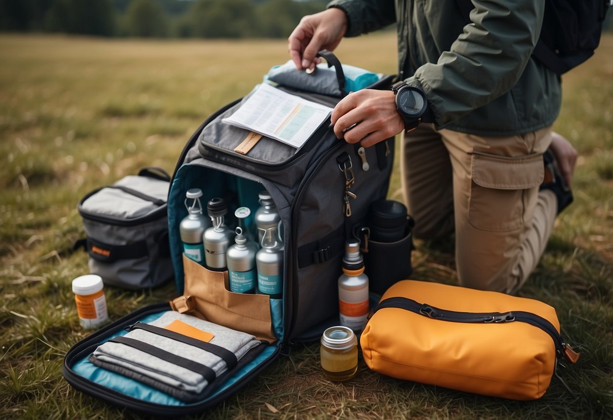 A person packing a backpack with a map, compass, and first aid kit. They are also preparing a cooler with food and drinks, and checking the weather forecast on their phone