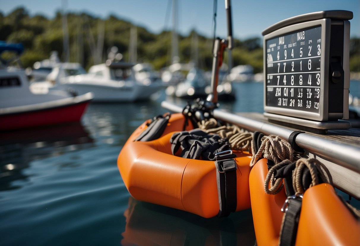 A calendar with dates, times, and activities for boating training. Equipment like life jackets, ropes, and paddles are organized nearby