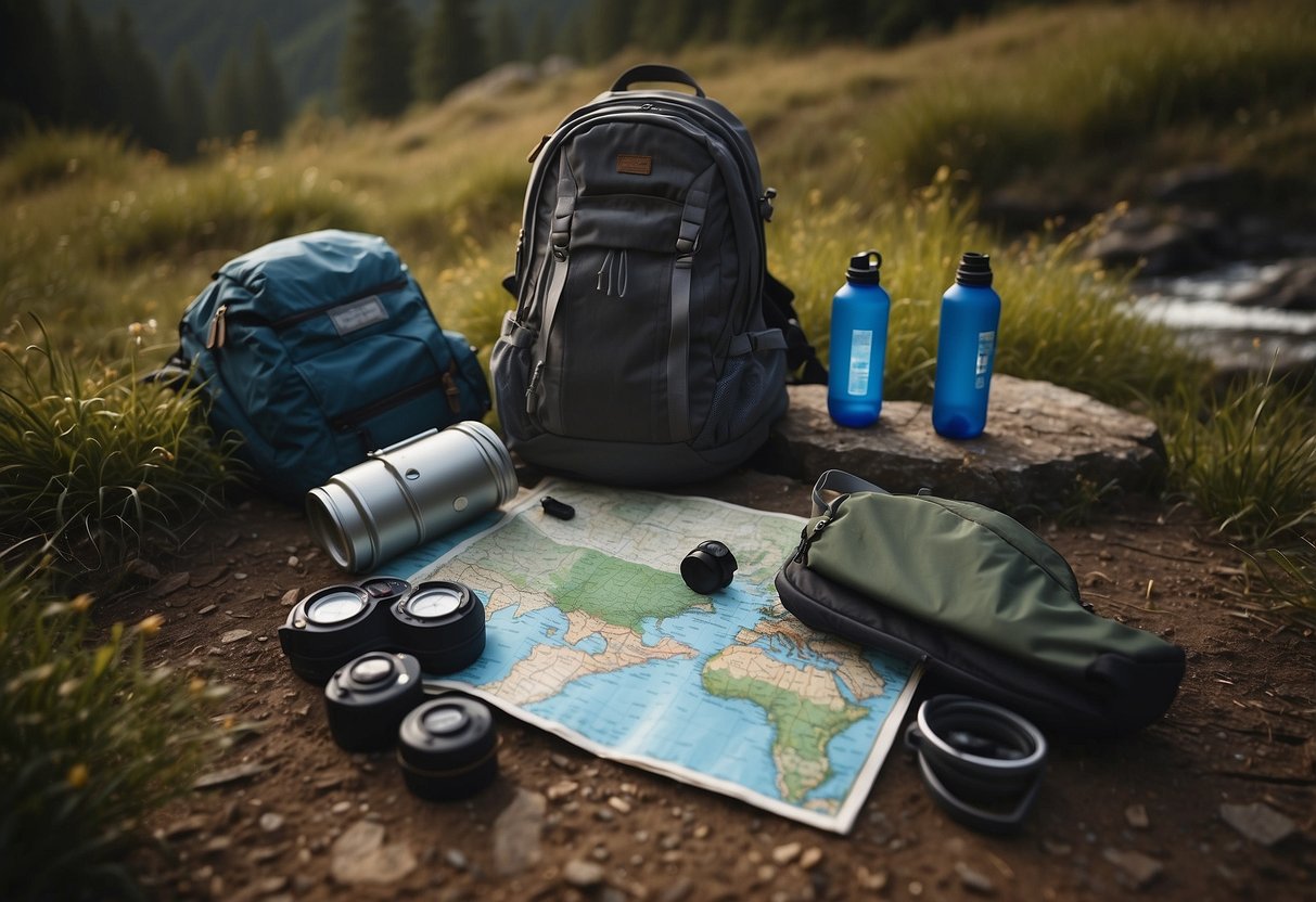 A backpack sits open, filled with a map, compass, flashlight, first aid kit, and water bottle. A pair of sturdy hiking boots and a waterproof jacket are laid out next to it