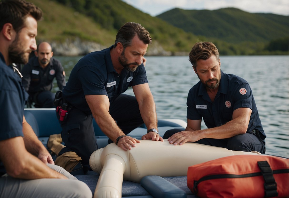 A group of people gather around a first aid instructor on a boat, learning essential skills for emergency situations on the water. The instructor demonstrates CPR and bandaging techniques as the students listen attentively