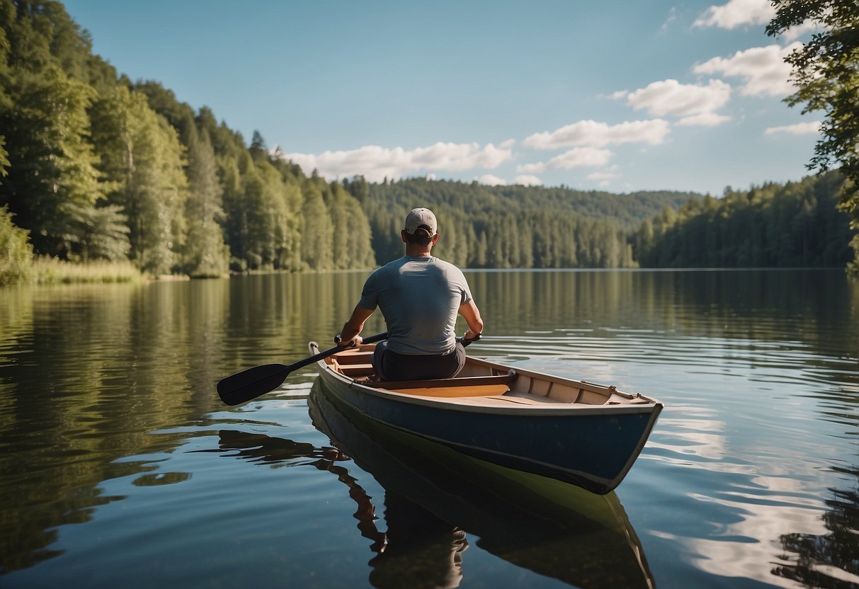 A person rows a boat on a calm lake, surrounded by lush green trees and clear blue skies. The person's posture is strong and steady, demonstrating good boating fitness