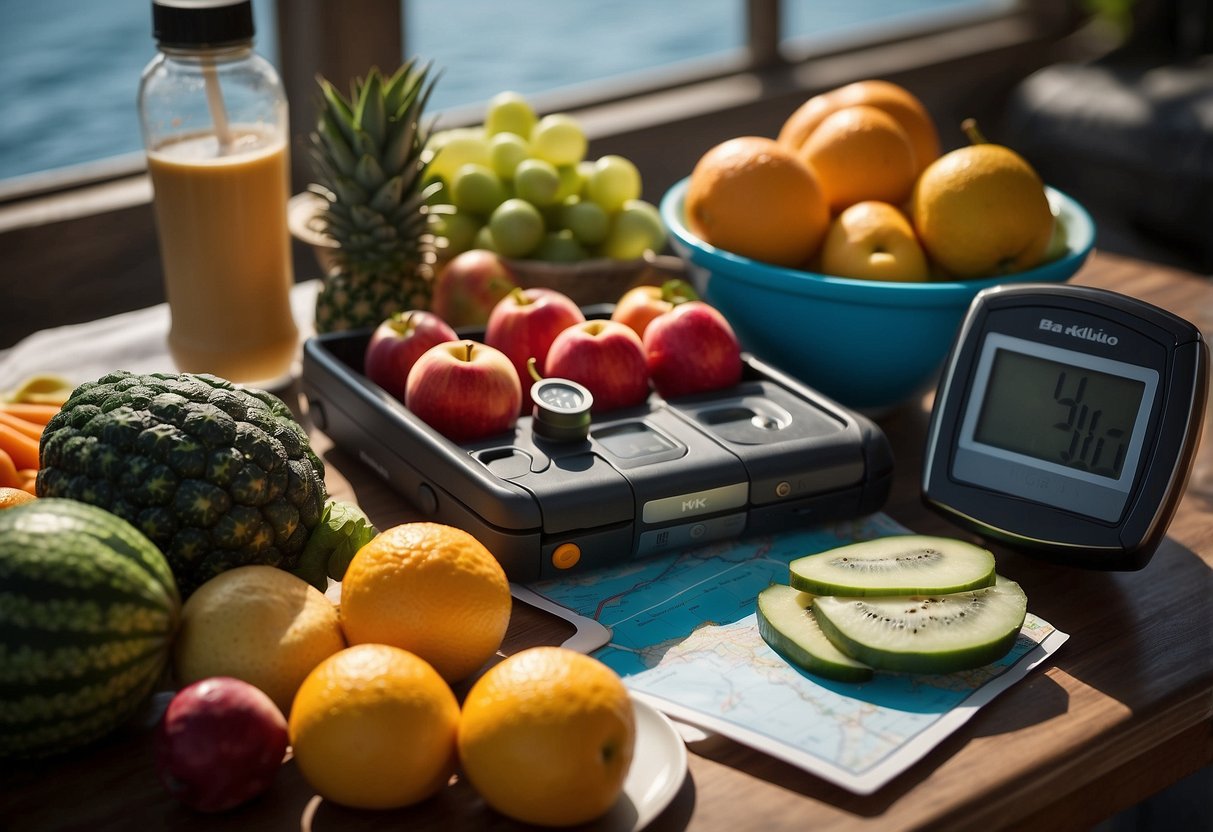 A boat stocked with fresh fruits, vegetables, and water bottles. A map and compass lay nearby, along with a fitness tracker and protein bars