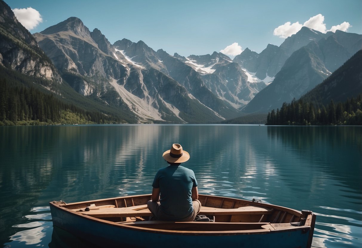 A boat on a calm, blue lake surrounded by towering mountains. A person inside the boat is holding their head, looking unwell. Others offer water and comfort