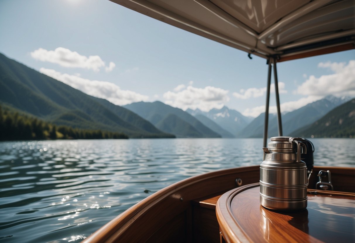 A boat sailing on a calm body of water, with a cooler filled with electrolyte-rich beverages. The boat is surrounded by a scenic mountainous landscape, suggesting a high altitude setting