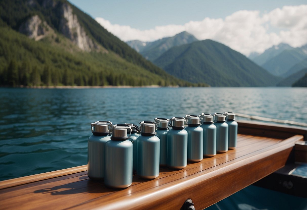 A boat deck with scattered portable oxygen canisters, surrounded by serene mountain scenery and a calm body of water