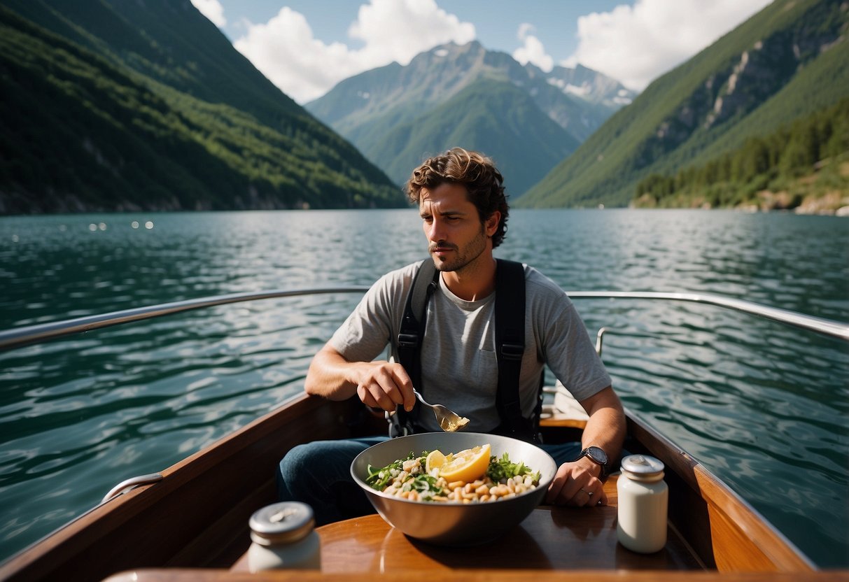 A person on a boat, eating small, frequent meals to combat altitude sickness. The boat is on choppy waters with a mountainous backdrop