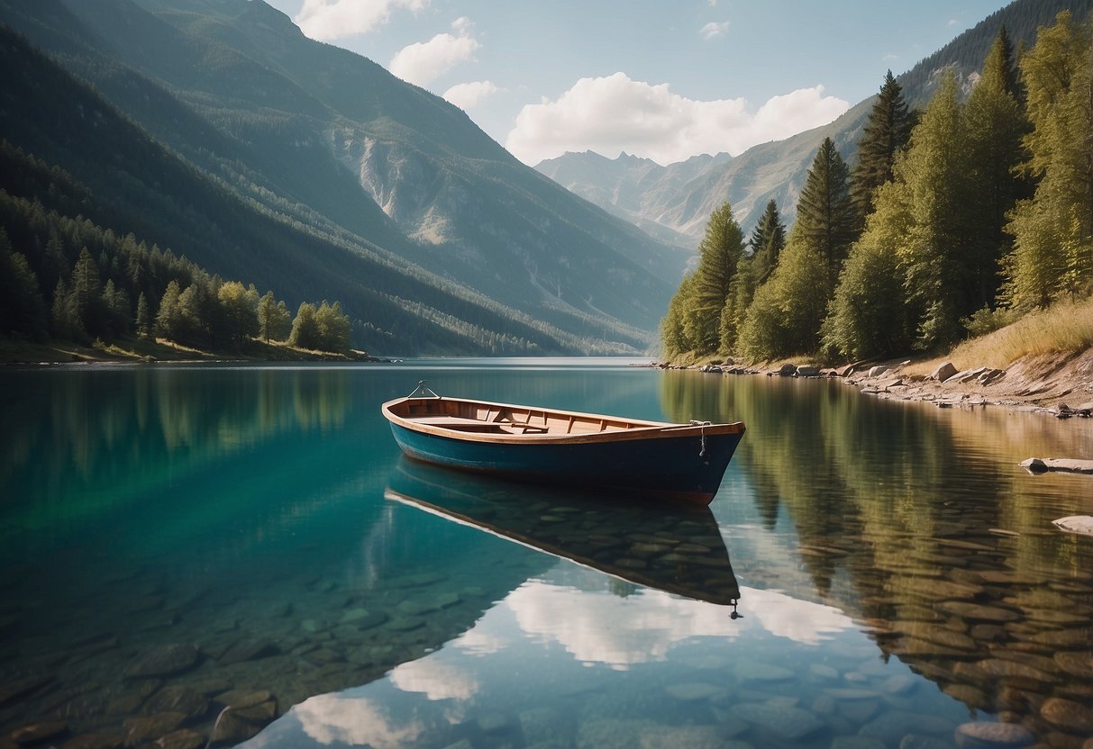 A calm boat on a serene lake with a "No Alcohol or Caffeine" sign. Mountainous landscape in the background